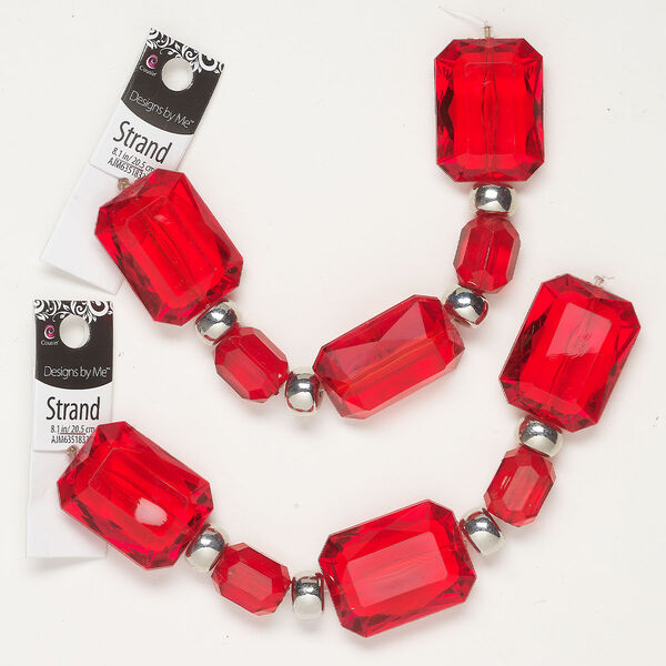 Bead 1pkg2, acrylic and CCB, red and silver, 42x32mm faceted rectangle / 15x9mm faceted oval / 22x16.5mm rondelle, 8 inches. image number 0