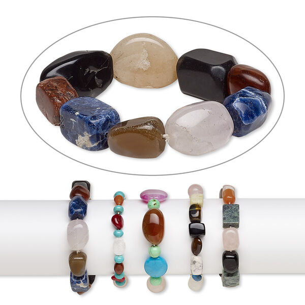 Bracelet mix, stretch, multi-gemstone (natural / dyed / stabilized / irradiated), mixed colors, 6mm-30x22mm mixed shape, 6-1/2 inches. Sold per pkg of 5. image number 0