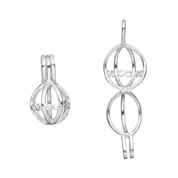 Drop, sterling silver, 11x10mm hinged round bead cage, fits 6mm bead. Sold individually. image number 0