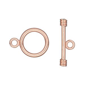Clasp toggle 1pkg4 copper-plated, 15mm round, copper 1-strand