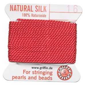 Thread, Griffin, silk, red, size #16. Sold per 2-meter card (approximately 78 inches).