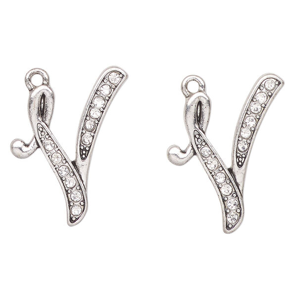 Charm, antique silver-finished "pewter" (zinc-based alloy) and glass, clear, 25x20mm letter "V". Sold per pkg of 2. image number 0