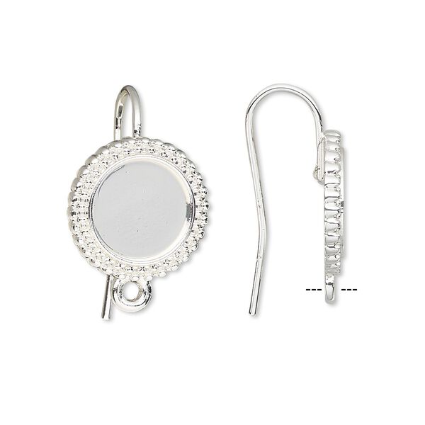 Ear wire fishhook 1pkg10 Almost Instant Jewelry®, 21mm / 10mm beaded round glue-in cab setting / closed loop,18 gauge silver-finished brass 5 pair image number 0