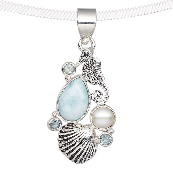 Pendant, larimar (natural) / sky blue topaz (irradiated) / cultured freshwater pearl (bleached) / antiqued sterling silver, 30x17mm with seahorse / shell / teardrop. Sold individually. image number 0