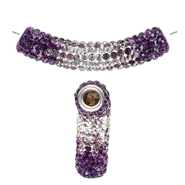 Bead, Dione®, resin / glass rhinestone / silver-plated brass, purples / white / clear, 47x9mm curved tube, 4mm hole. Sold individually. image number 0