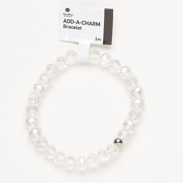 Bracelet, stretch, silver-finished brass and glass, clear AB, 8mm faceted rondelle and 5x6mm rondelle with bottom loop, 6-1/2 inches. Sold individually. image number 0