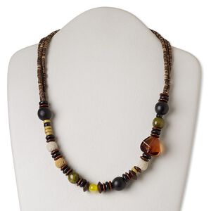 Necklace, lava stone (natural) / wood / resin / acrylic / silver-finished brass, multicolored, 24 inches with barrel clasp. Sold individually.