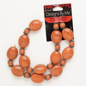 Bead 1pkg1 "pewter" (zinc-based alloy) / acrylic, mixed sizes / shapes, 15.5-16 inch assortment gunmetal finish / orange