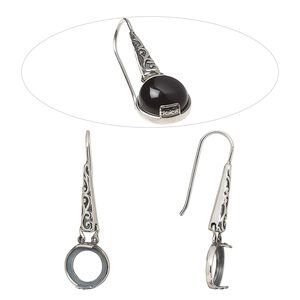 Earring fishhook 1pkg2 sterling silver, 39mm / fancy dot design / 10mm round 2-prong open back cab setting, 20 gauge antiqued 1 pair