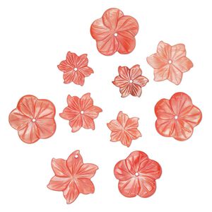 Focal and component mix, mother-of-pearl shell (dyed), salmon, 12-23mm hand-carved flower, Mohs hardness 3-1/2. Sold per pkg of 10.