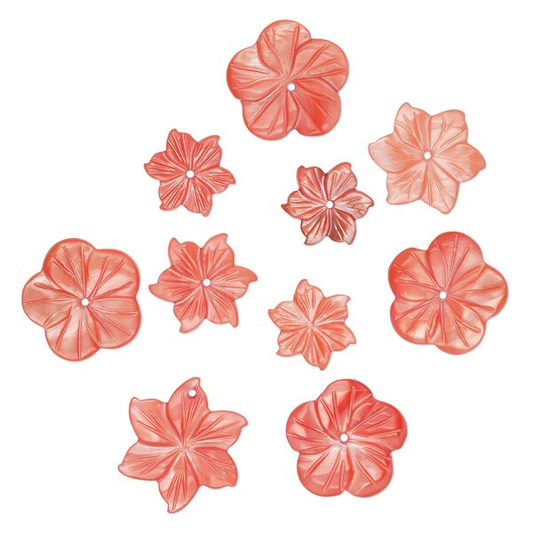 Focal and component mix, mother-of-pearl shell (dyed), salmon, 12-23mm hand-carved flower, Mohs hardness 3-1/2. Sold per pkg of 10. image number 0