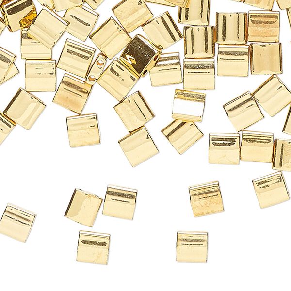 Seed bead, TILA®, glass, pkg/4g, 5mm full tila square, opaque 24Kt gold-plated, (TL-191). image number 0