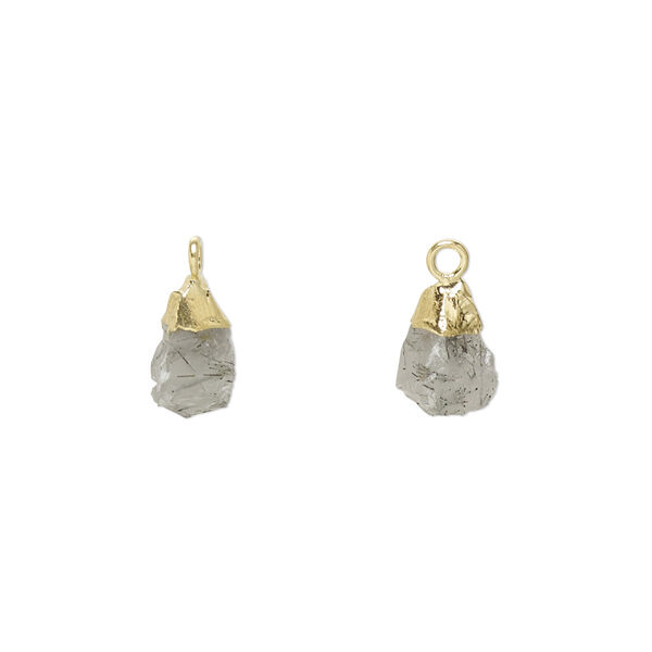Drop, electro-coated tourmalinated quartz (natural) and gold-plated sterling silver, 8x5mm-9x7mm hand-cut nugget, Mohs hardness 7. Sold individually. image number 0