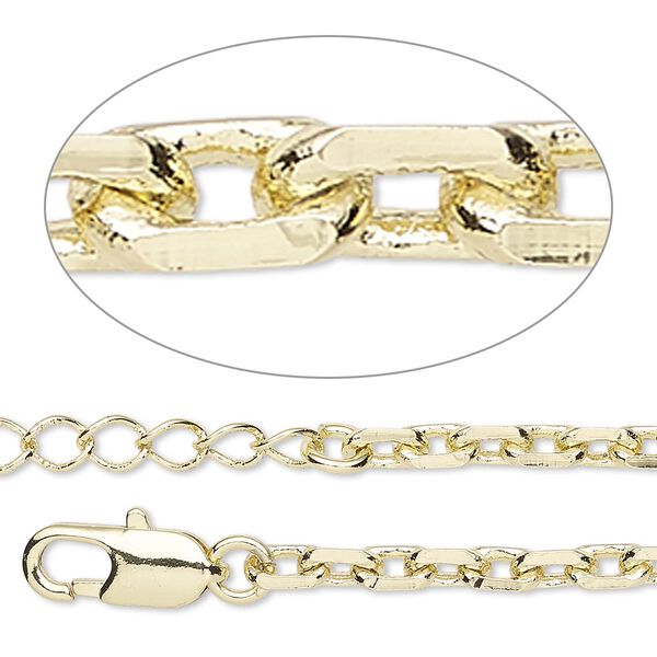 Chain, gold-finished brass, 4mm cable, 18 inches with lobster claw clasp and 1 to 3 inches extender chain. Sold individually. image number 0