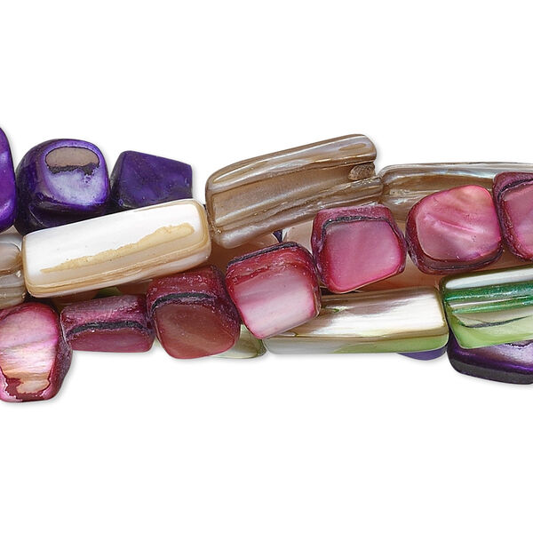 Bead mix, mother-of-pearl shell (natural / dyed), mixed colors, 5-15mm stick, Mohs hardness 3-1/2. Sold per five 15" to 16" strands. image number 0