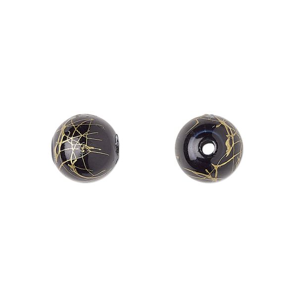 Bead, acrylic, black and gold, 10mm round with swirls. Sold per pkg of 200. image number 0