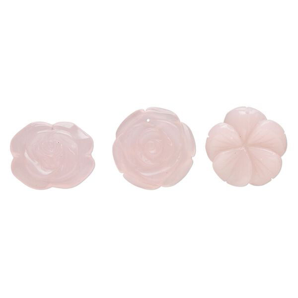 Focal mix, glass, translucent pink, 38x32mm-40x40mm top-drilled carved flower. Sold per pkg of 3. image number 0