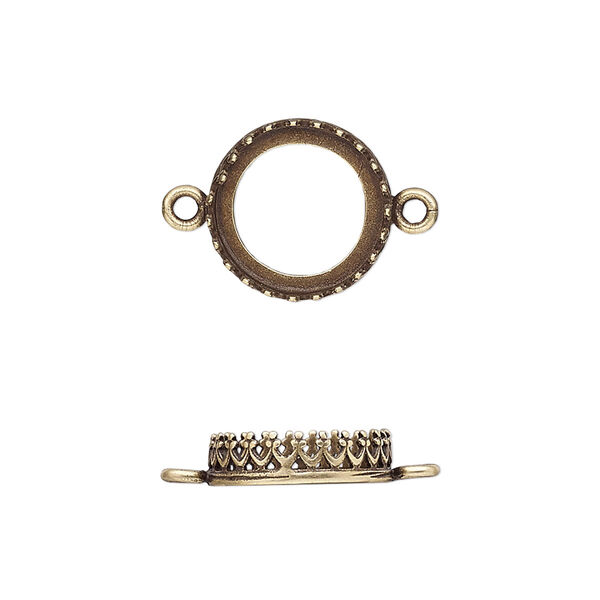 Link, JBB Findings, antiqued brass, 13.5mm round with open back and decorative trim, 12mm round bezel setting. Sold per pkg of 2. image number 0