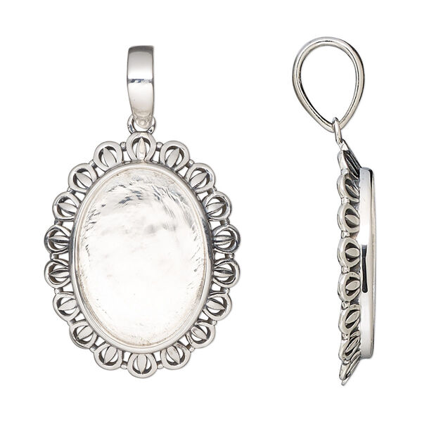 Pendant, antiqued sterling silver, 26x20.5mm oval with fancy rim and 18x13mm oval bezel setting. Sold individually. image number 0