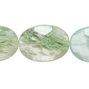 Bead, glass 1pkg1, opaque green and blue, 25x17mm-25x18mm faceted puffed oval, 15 inches.