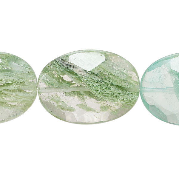 Bead, glass 1pkg1, opaque green and blue, 25x17mm-25x18mm faceted puffed oval, 15 inches. image number 0