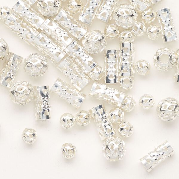 Bead mix, silver-finished steel, 4mm round with cutout design / 6mm round with cutout design and 2.5mm hole / 8x4mm round tube with cutout design and 3mm hole. Sold per pkg of 82. image number 0