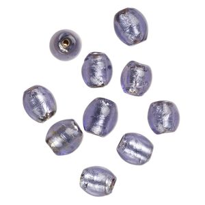 Bead, lampworked glass, opaque purple, 13x10mm-10x9mm oval with silver-colored foil. Sold per pkg of 10.