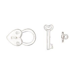 Clasp toggle 1pkg1 sterling silver, 17x10mm heart padlock, JBB Findings 1-strand