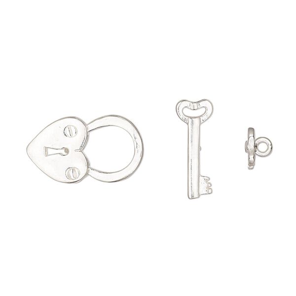 Clasp, JBB Findings, toggle, sterling silver, 17x10mm heart lock and key bar. Sold individually. image number 0