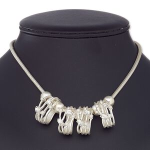 Necklace, glass rhinestone / silver-coated plastic / silver-finished brass / steel / "pewter" (zinc-based alloy), opal and clear, open oval, 16 inches with 3-inch extender chain and lobster claw clasp. Sold individually.