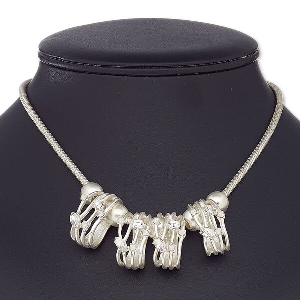 Necklace, glass rhinestone / silver-coated plastic / silver-finished brass / steel / "pewter" (zinc-based alloy), opal and clear, open oval, 16 inches with 3-inch extender chain and lobster claw clasp. Sold individually. image number 0