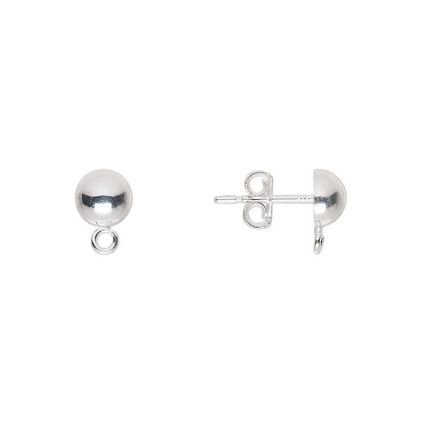 Earstud, sterling silver, 6mm half ball with open loop. Sold per pkg of 5 pairs. image number 0