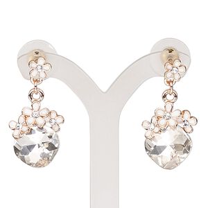 Earring, enamel / glass / glass rhinestone / stainless steel / rose gold-finished "pewter" (zinc-based alloy), white and clear, 30mm with flowers and post. Sold per pair.