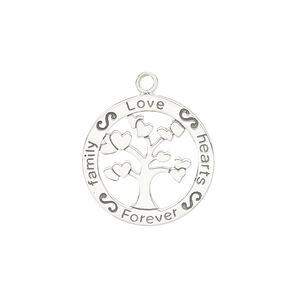 Charm, sterling silver, 19mm single-sided open round with "Love, hearts, family, Forever" and heart tree design. Sold individually.