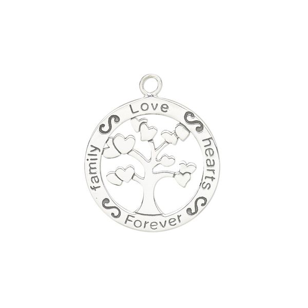 Charm, sterling silver, 19mm single-sided open round with "Love, hearts, family, Forever" and heart tree design. Sold individually. image number 0