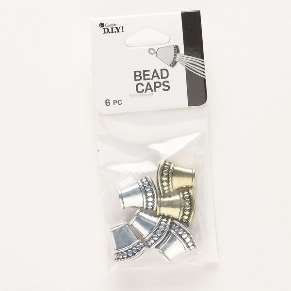 Cord end assortment, antique silver- and antique gold-finished "pewter" (zinc-based alloy), 16x15mm glue-in flat cone, 12.5x6mm inside diameter. Sold per pkg of 6. image number 0
