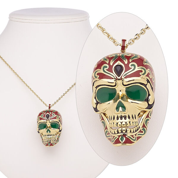 Necklace, Avant-Garde Jewelry Collection, enamel / glass rhinestone / gold-plated brass, red / green / black, 45x29mm skull with hinged jaw, 24 inches with 2-inch extender chain and lobster claw clasp. Sold individually. image number 0