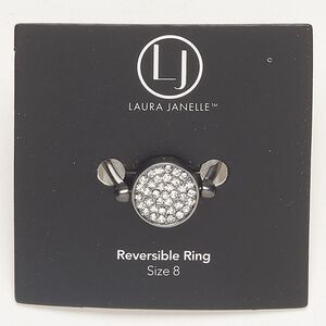 Ring 1pkg1 gunmetal-finished brass and copper / glass rhinestone, clear, 13mm 2-sided reversible round with hammered back, size 8.