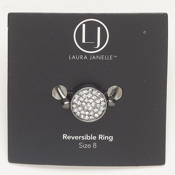 Ring 1pkg1 gunmetal-finished brass and copper / glass rhinestone, clear, 13mm 2-sided reversible round with hammered back, size 8. image number 0