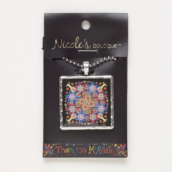 Necklace, resin / antique silver-finished "pewter" (zinc-based alloy) / silver-finished steel, multicolored, 35mm square with flowers design and glitter, 23 inches with lobster claw clasp. Sold individually. image number 0