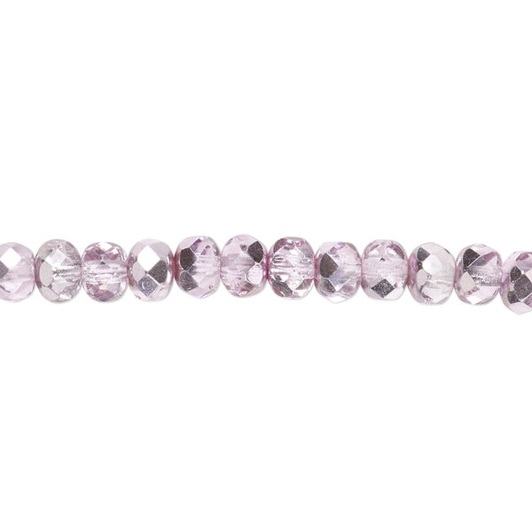 Bead, Czech fire-polished glass, pink silver, 5x4mm faceted rondelle. Sold per 15-1/2" to 16" strand. image number 0