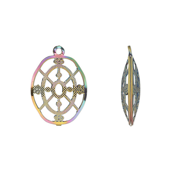 Drop, electro-coated stainless steel, rainbow, 18x14.5mm double-sided domed oval with textured cut-out cutout design. Sold per pkg of 6. image number 0