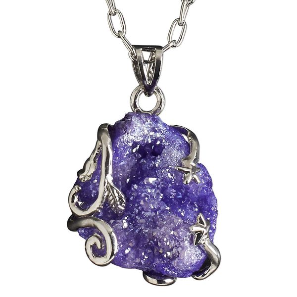 Necklace, electroplated druzy agate (coated) and imitation rhodium-plated brass, purple, 30x20mm-38x28mm hand-cut wire-wrapped freeform, 20 inches with 2-1/2 inch extender chain and lobster claw clasp. Sold individually. image number 0