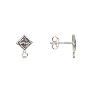 Earstud 1pkg2 sterling silver, 11x8mm diamond / closed loop / earnuts, antiqued 1 pair