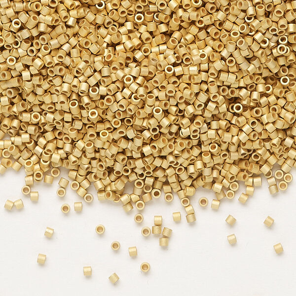Seed bead, Delica®, glass, pkg/50g, #15 round, opaque 24Kt gold-plated matte (DBS-0331). image number 0