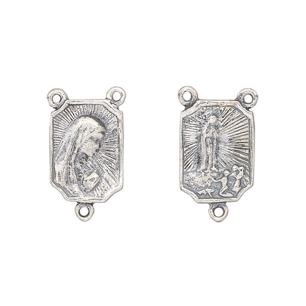 Connector, antiqued sterling silver, 14x10mm rectangle, Mary and Our Lady of Fatima rosary center. Sold individually. image number 0