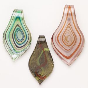 Random focal mix, lampworked glass, opaque and translucent mixed colors with silver-colored foil and copper-colored glitter, 62x31mm-70x47mm leaf. Sold per pkg of 3.