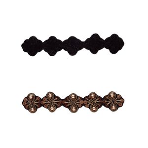 Sew-on component, velveteen / acrylic / acrylic pearl / copper-finished copper French wire, black / brown / metallic brown, 5-1/4 x 1 inch with fancy design. Sold individually.