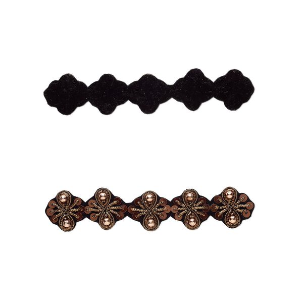 Sew-on component, velveteen / acrylic / acrylic pearl / copper-finished copper French wire, black / brown / metallic brown, 5-1/4 x 1 inch with fancy design. Sold individually. image number 0