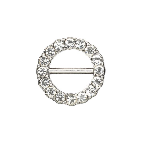 Slide, antiqued silver-finished "pewter" (zinc-based alloy) and Czech glass rhinestone, clear, 21mm single-sided round, bar on back. Sold individually. image number 0